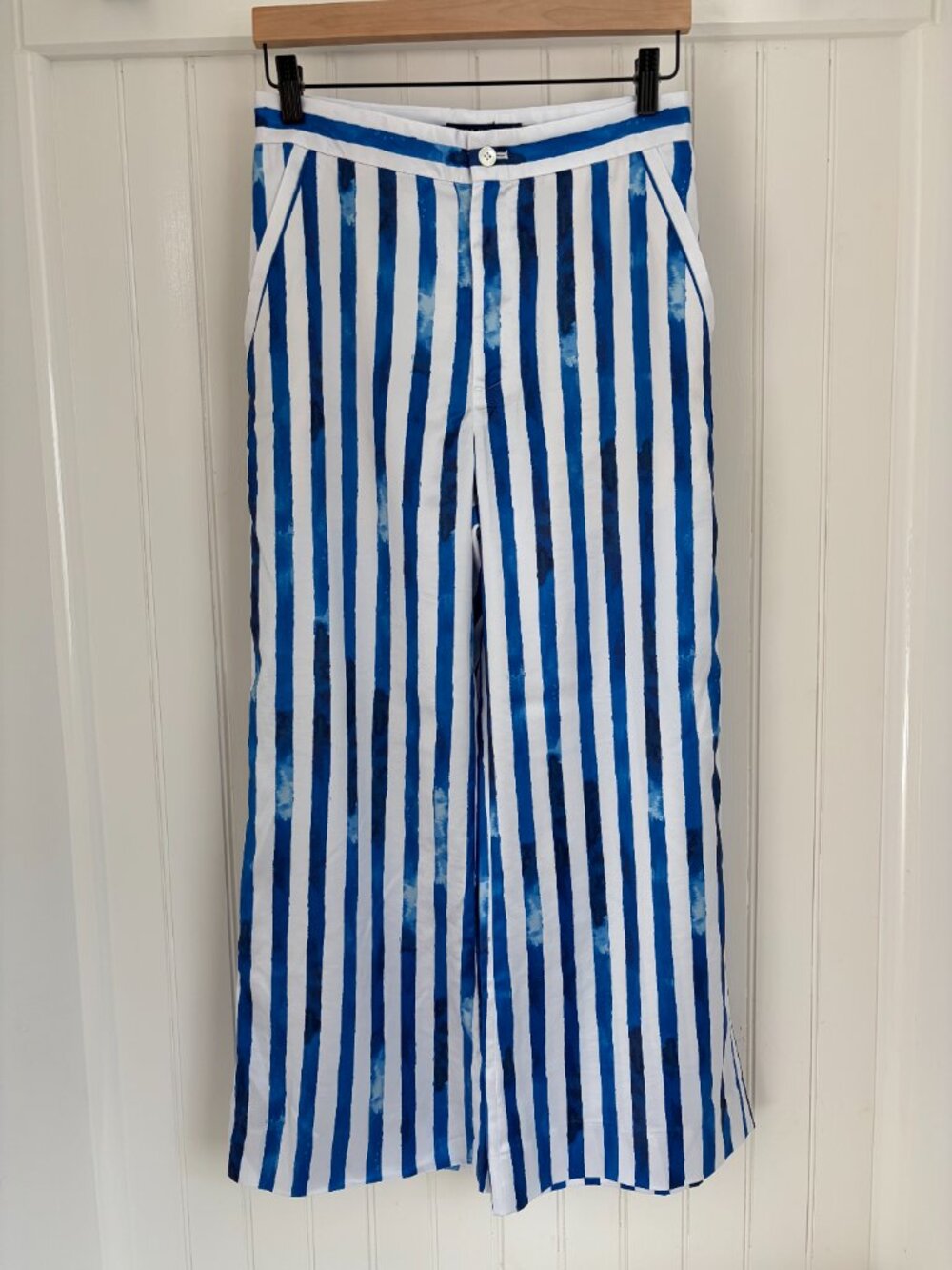 Polo Ralph Lauren Wide Leg Pant Blue White Watercolor Stripe High Rise Sz 4